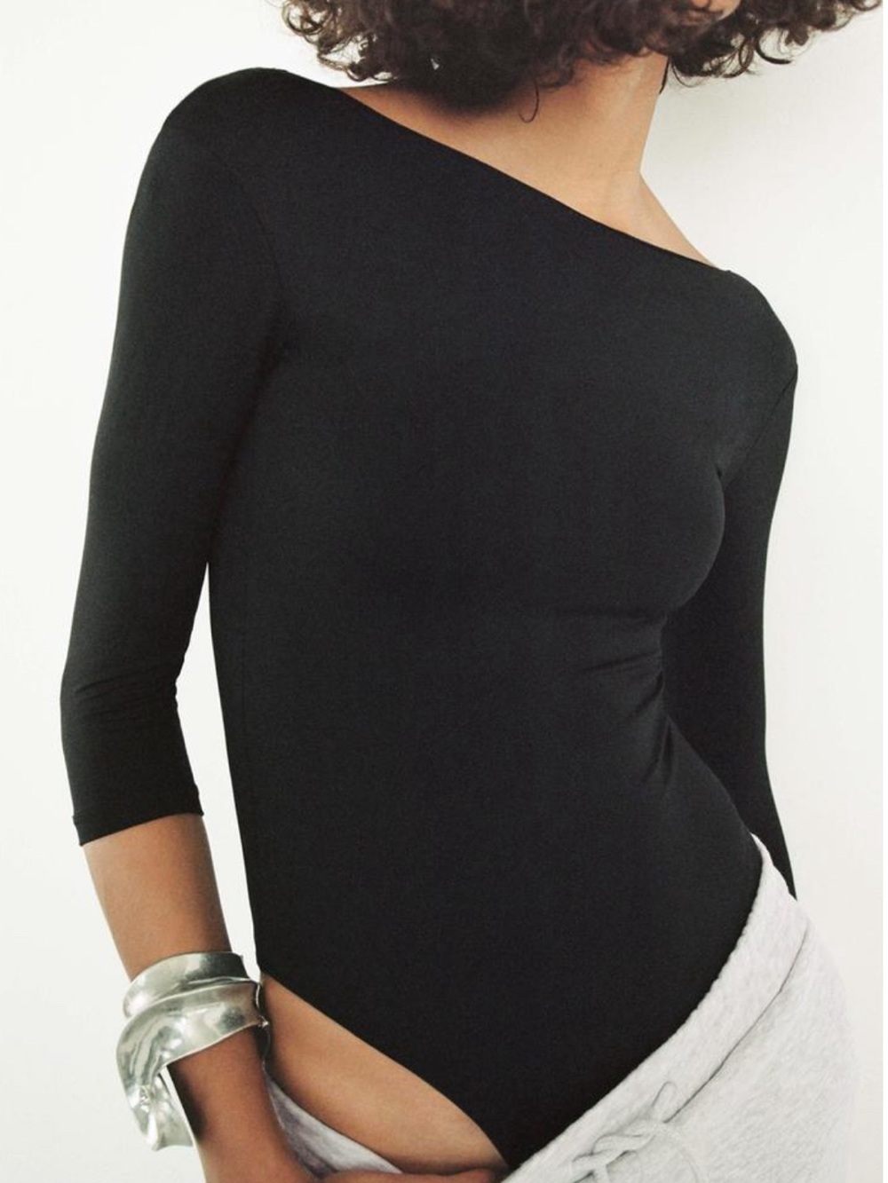 Zara Black Off-the-Shoulder Long-Sleeve Bodysuit